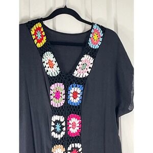 Boho Crochet Granny Square Maxi Dress Black Kaftan V-Neck Summer Coverup Womens